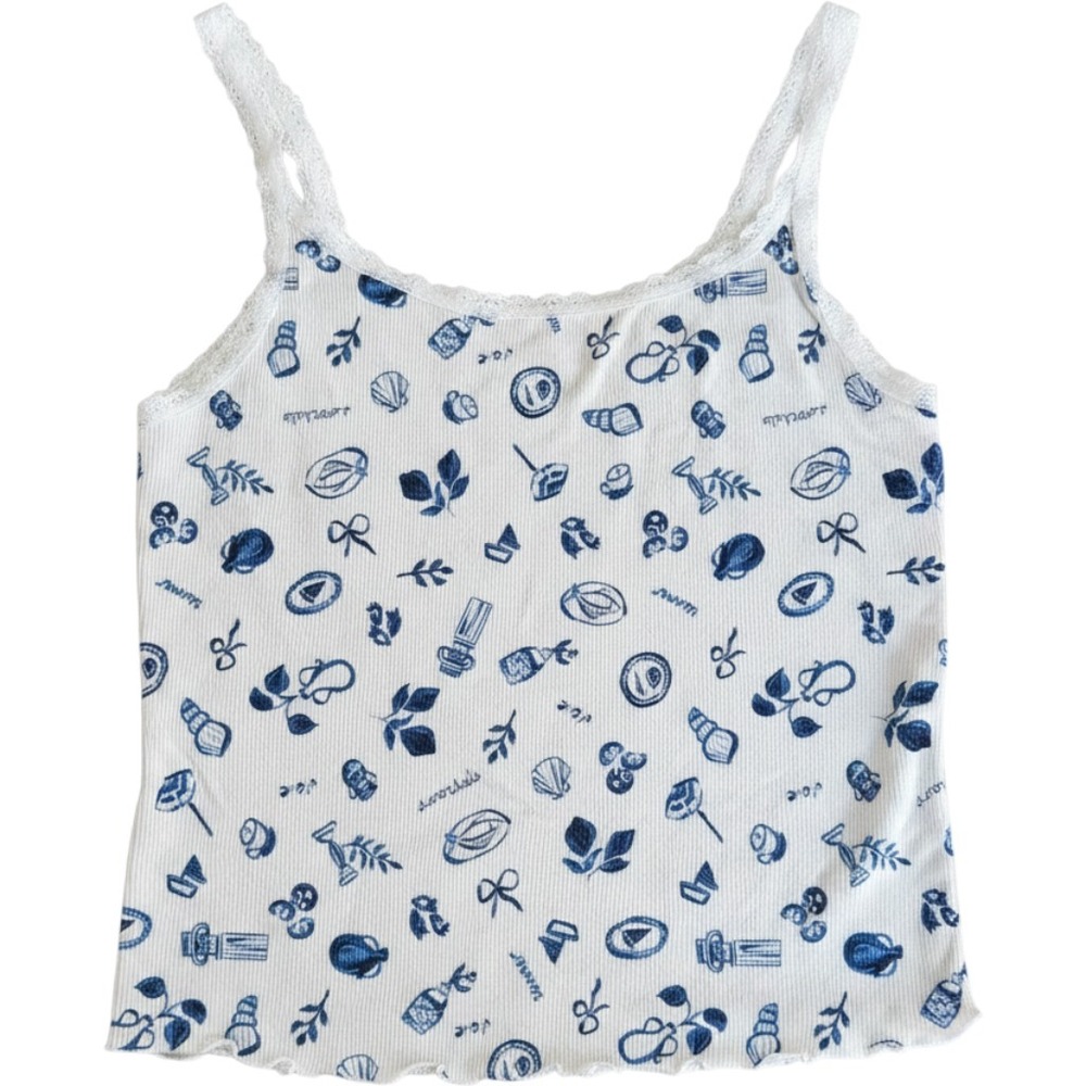 Colsie Womens Ribbed Cami Top White Blue Nautical Seashell Lace Trim Medium Fish